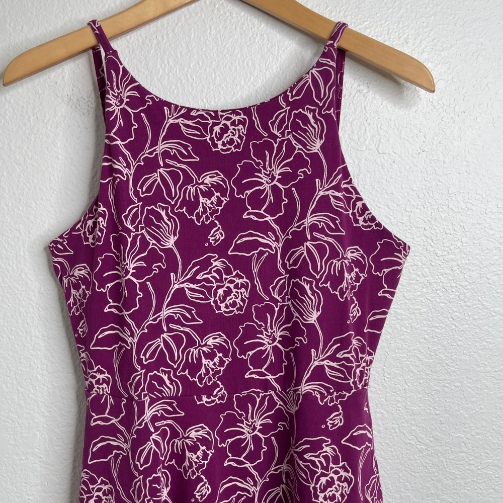 Pact Organic Cotton Floral Fit and Flare Dress Magenta Purple Cutout Back M - Picture 2 of 6